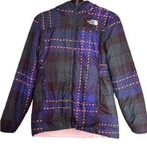 The North Face Blue Plaid Mossbud Reversible Girls Winter Coat Size XL